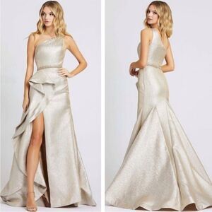 Mac Duggal One Shoulder Ruffle Gown Metallic Oyster Size 10 NWT